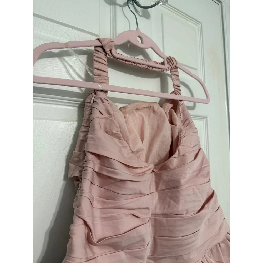 Meshki Pink Ruched Bubble Hem Mini Dress Halter Neckline Large Coquette Romanic - Picture 4 of 8